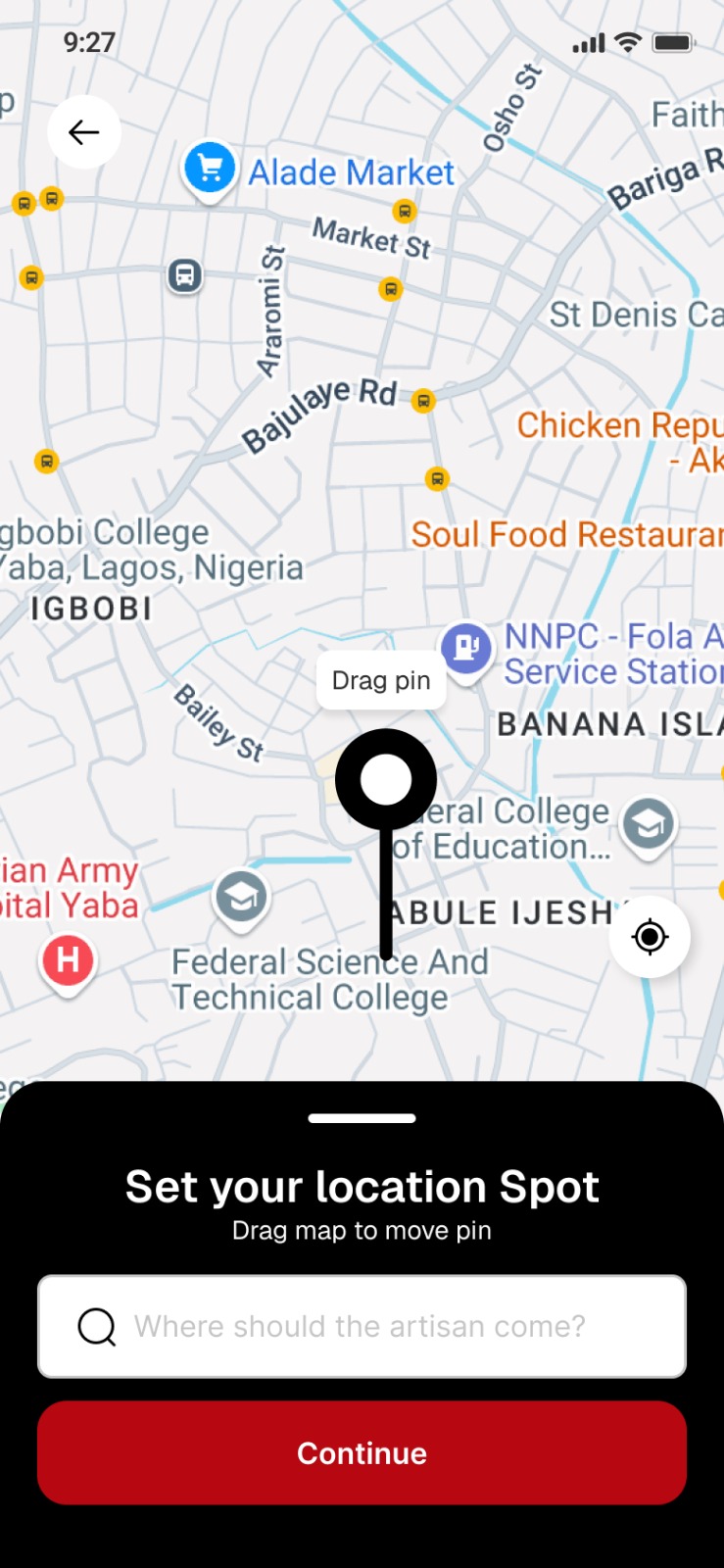 The Tuse app asking you to set your location spot, with a draggable pin on a map and a Continue button