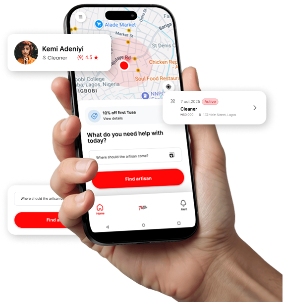 tuse hero section imaage, showing the screenshort of the artisan app in nigeria